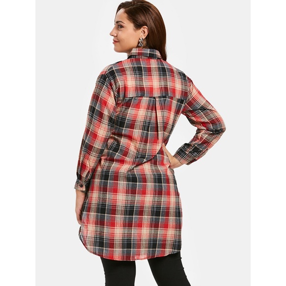 ♠ Red Plus Size Longline Red Plaid Shirt ♠ - Picture 4 of 8